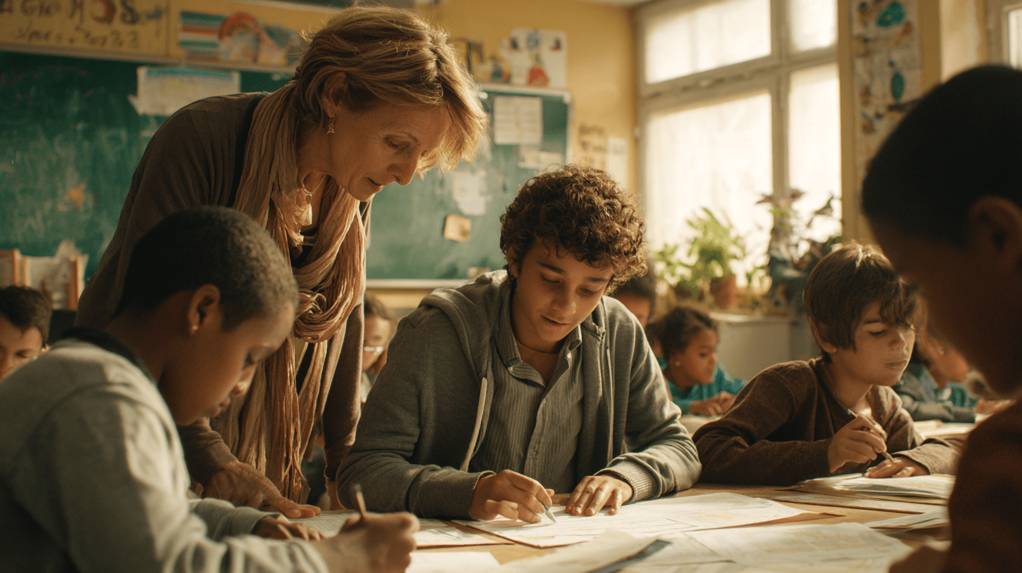 Teacher guiding students through chart discussion, smiles of recognition